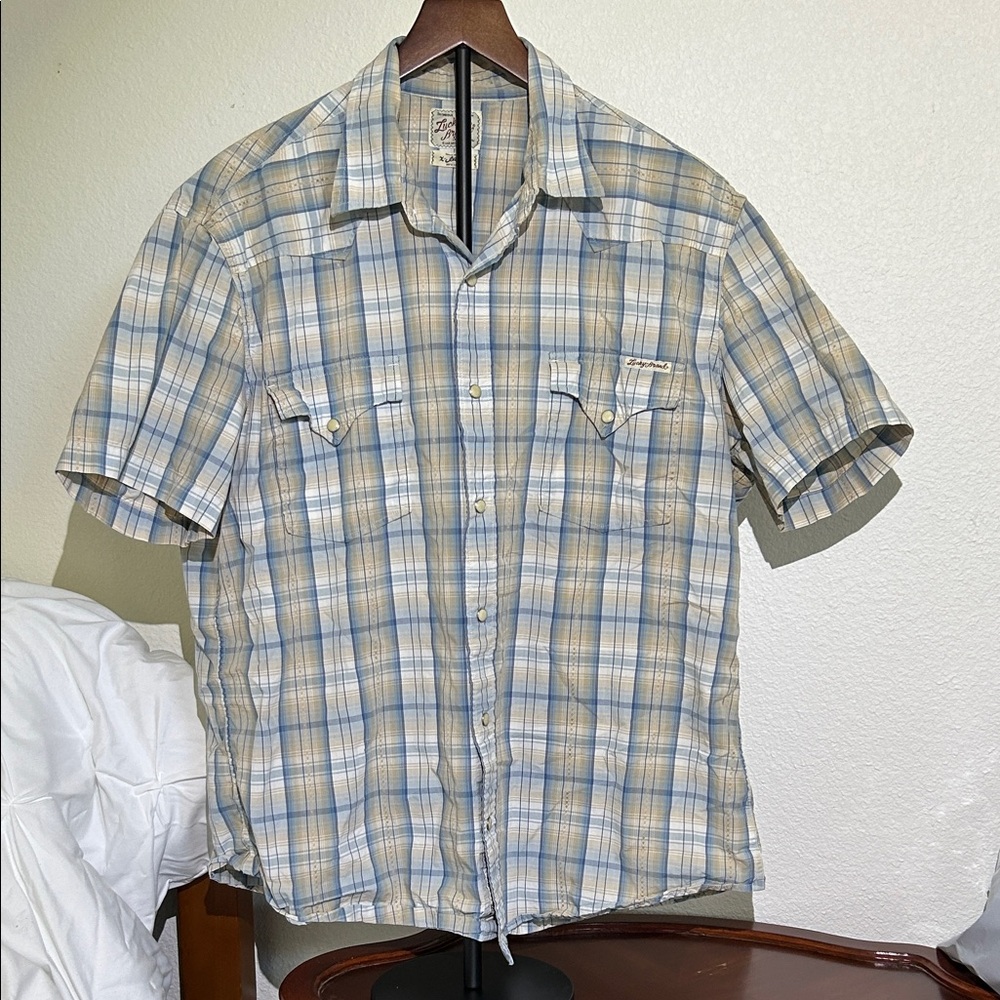 Lucky Brand Short-Sleeve Plaid Button-Up in Light Blue and Beige